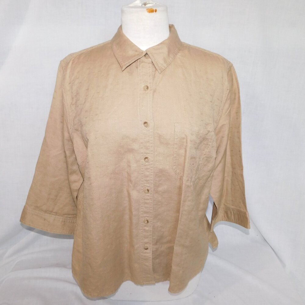 Northern Reflections Tan 3/4 Sleeve Button Front Linen Blend Blouse Womens XL